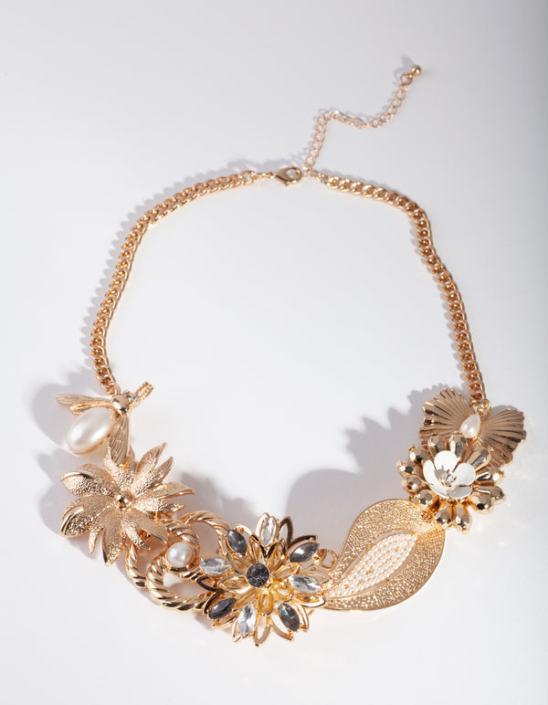 Gold Bee Flower & Pearl Necklace