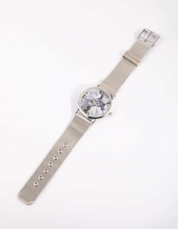 Silver Floral Mesh Strap Watch