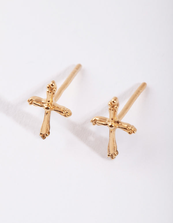 Gold Plated Sterling Silver Cross Stud Earrings