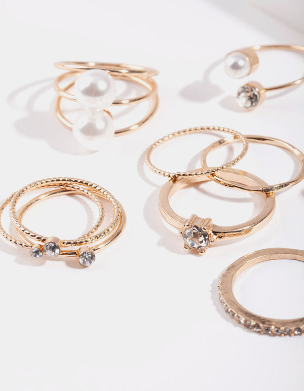 Gold Pearl Diamante Ring 10-Pack