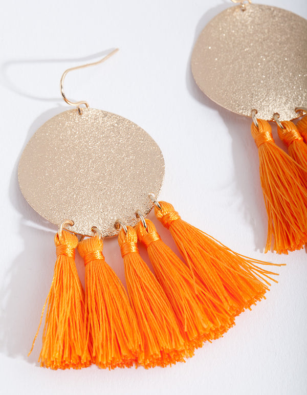 Orange Gold Circle Tassel Earrings