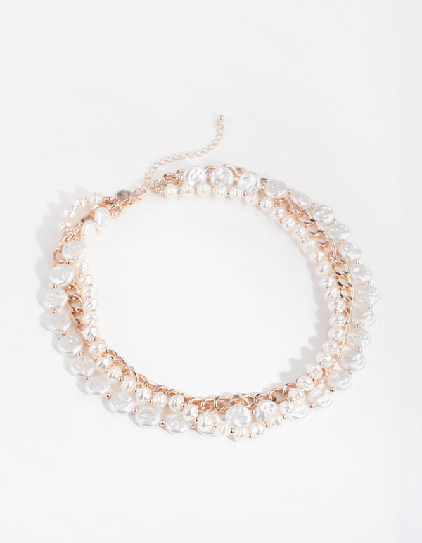 Rose Gold Layered Pearl & Chain Necklace