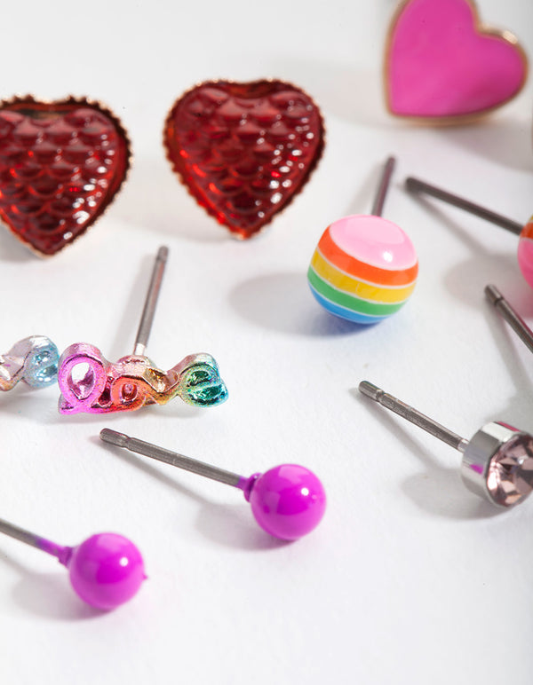 Kids Multicoloured Love Heart Earring 6-Pack