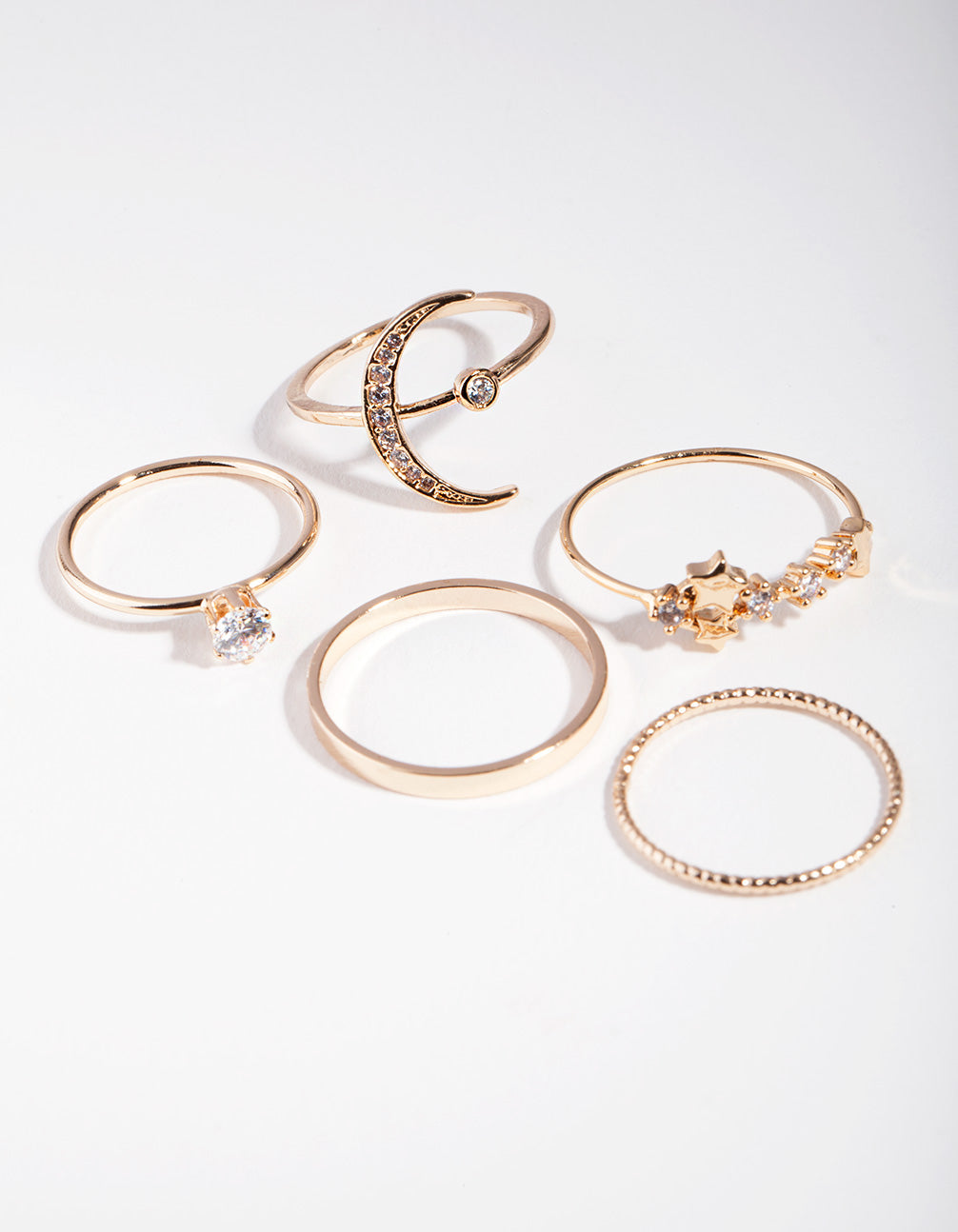 Gold Cubic Zirconia Moon Stars Ring Stack