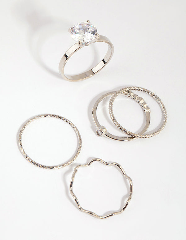 Silver Cubic Zirconia Bow Ring 5-Pack