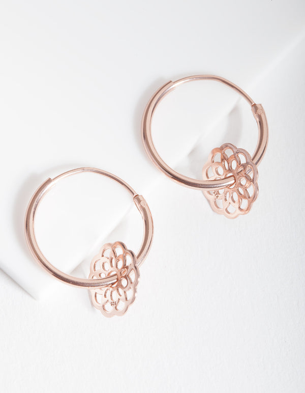 Rose Gold Plated Sterling Silver Filigree Flower Charm Hoop Earrings