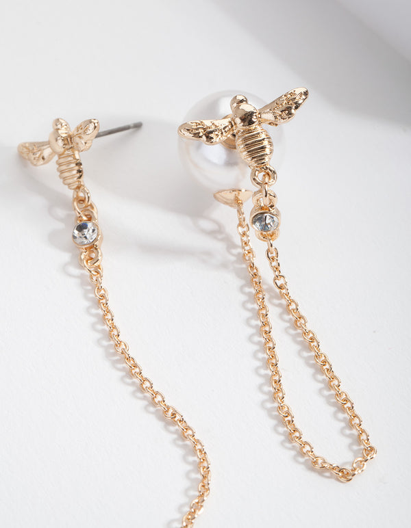 Gold Bee & Pearl Backing Drop Earrings