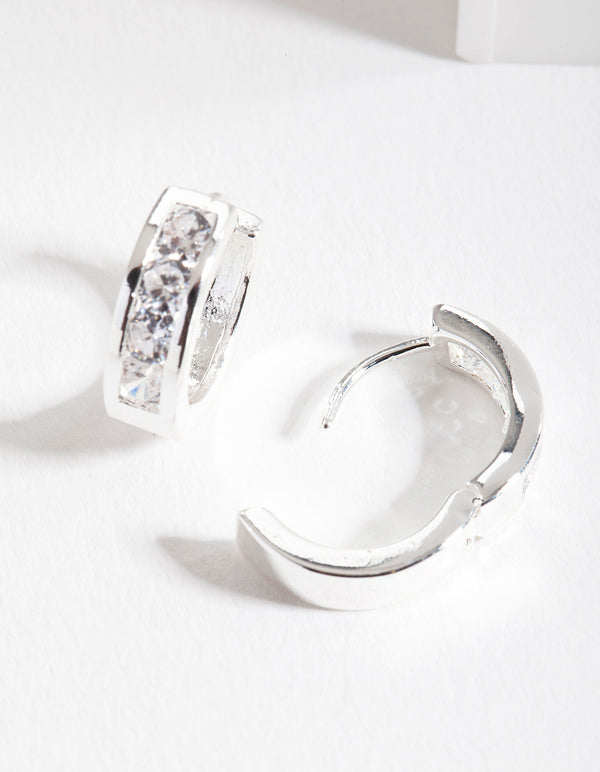 Silver Diamante Inlay Huggie Earrings