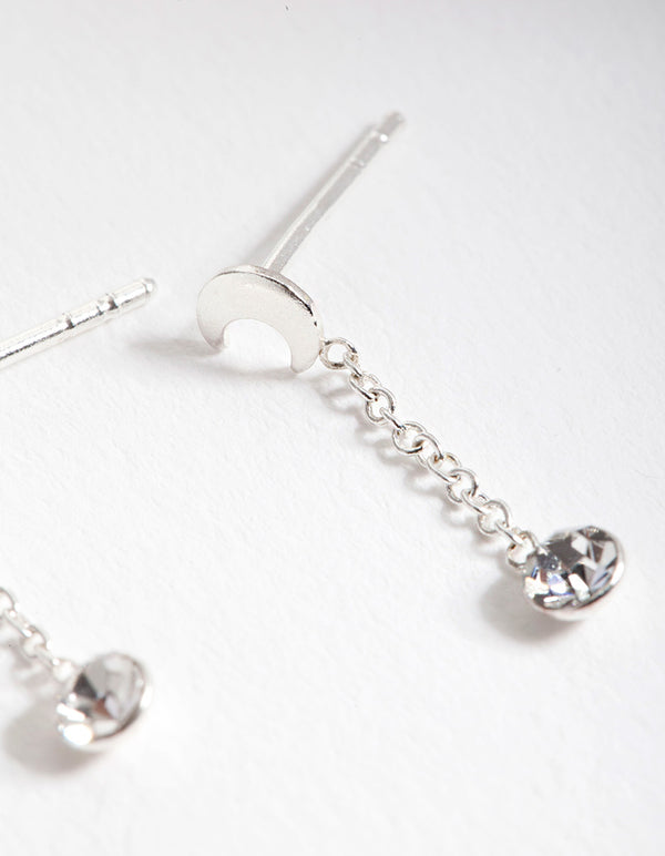 Sterling Silver Moon Diamante Chain Drop Earrings