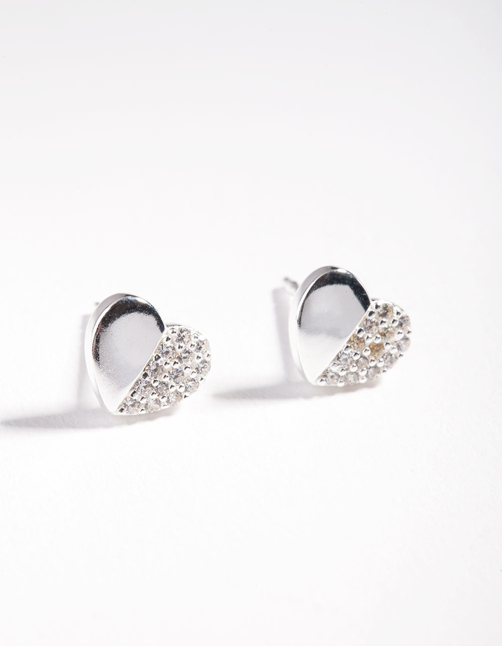 Sterling Silver Half Pave Heart Stud Earrings