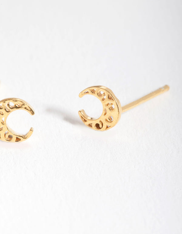 Gold Plated Sterling Silver Filigree Moon Stud Earrings