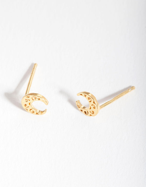Gold Plated Sterling Silver Filigree Moon Stud Earrings