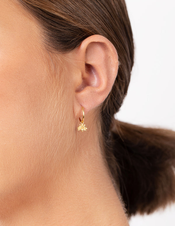 Gold Plated Sterling Silver Bee Charm Hoop Earrings