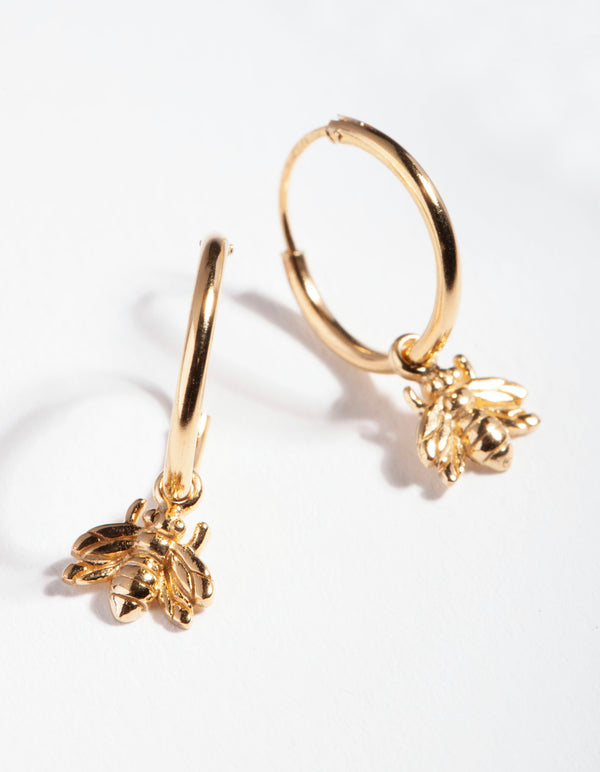 Gold Plated Sterling Silver Bee Charm Hoop Earrings