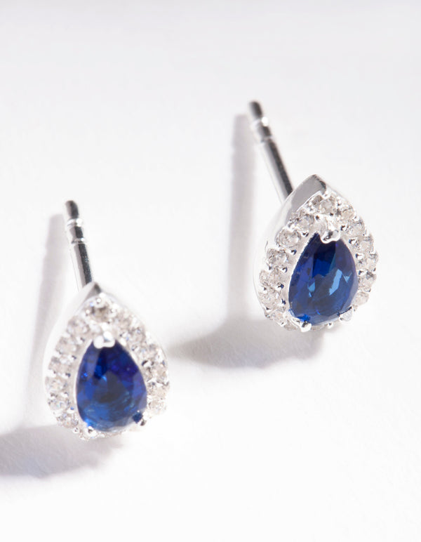 Sterling Silver Cubic Zirconia Blue Pear Halo Stud Earrings