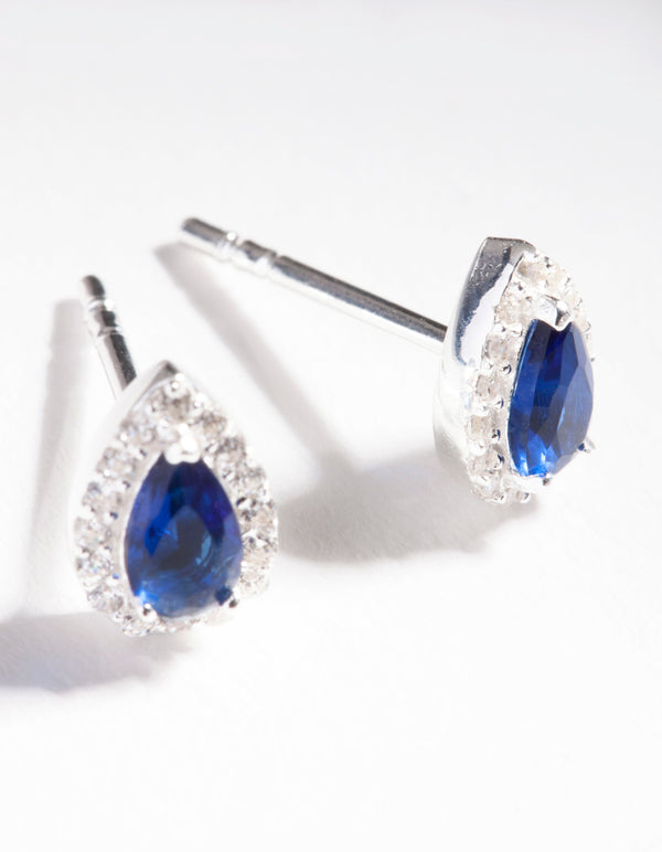 Sterling Silver Cubic Zirconia Blue Pear Halo Stud Earrings