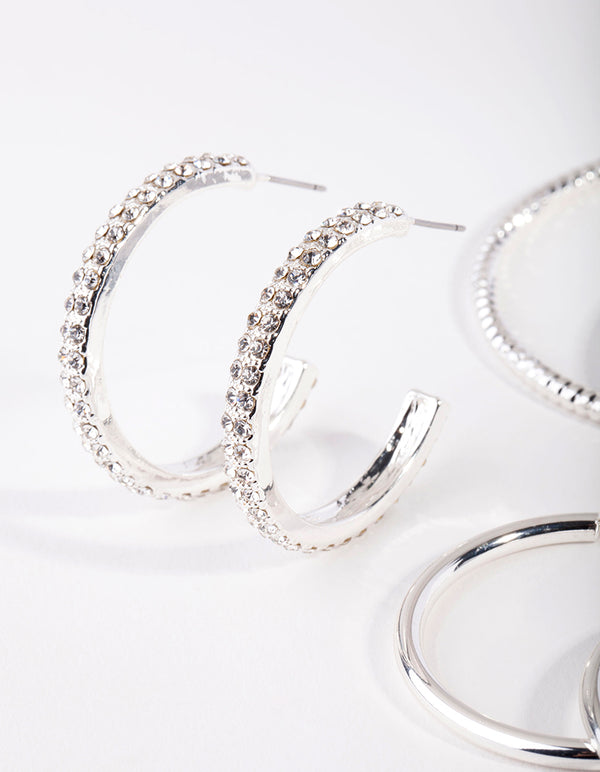 Silver Thick Diamante Hoop Earring Pack