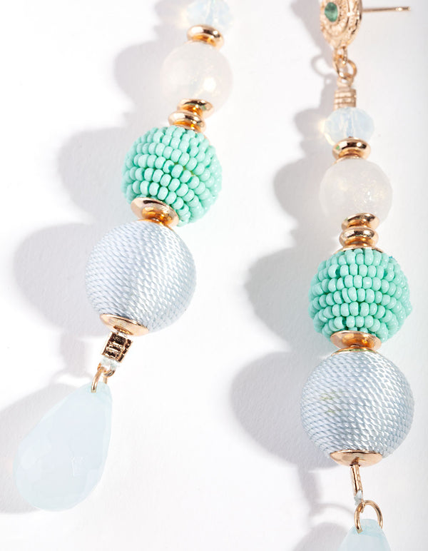 Gold Multi Textured Blue Bead Drop Earrings