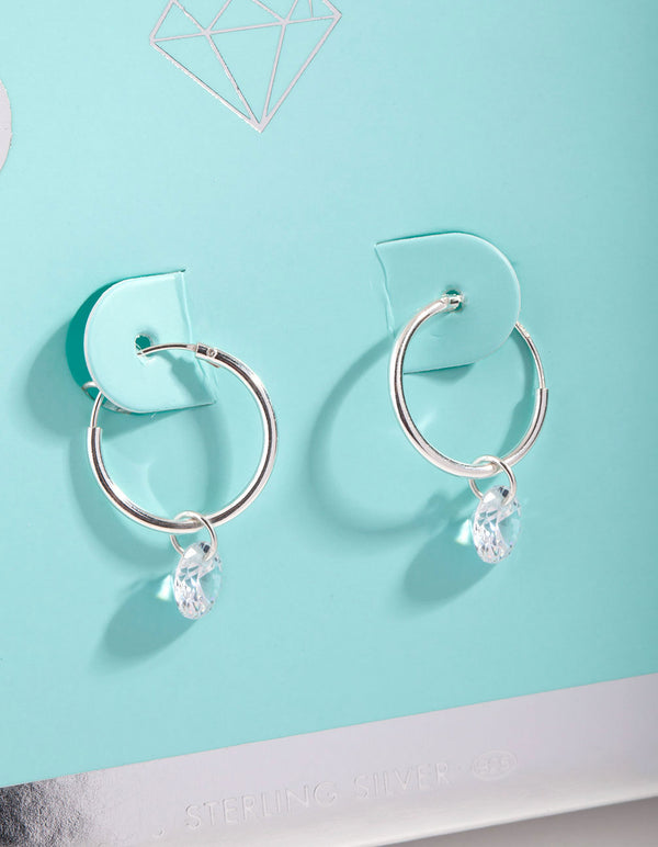 Sterling Silver Cubic Zirconia Round Dangle Hoop Earrings