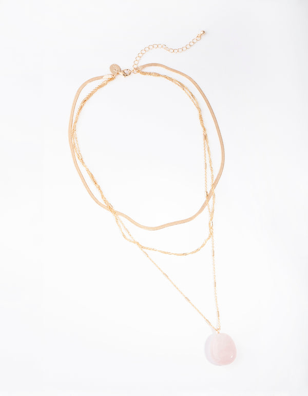 Gold Flat Chain Rose Quartz Stone Layered Necklace