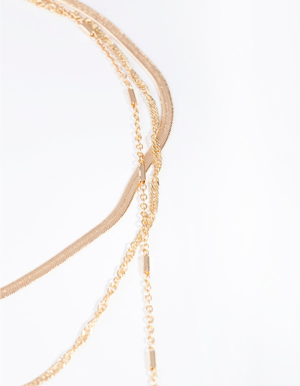 Gold Flat Chain Rose Quartz Stone Layered Necklace