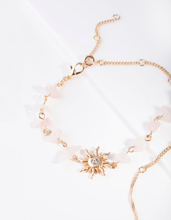 Gold Sun Pink Rose Quartz Stone Anklet