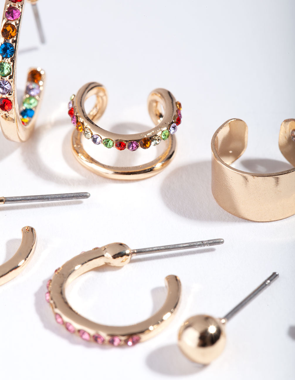 Gold Rainbow Diamante Stud Hoop Ear Stack