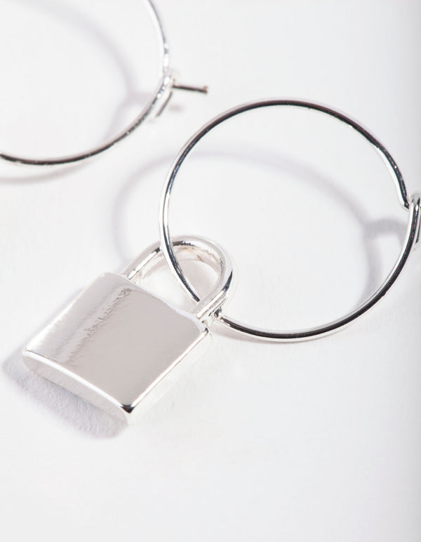 Silver Padlock Fine Hoop Earrings