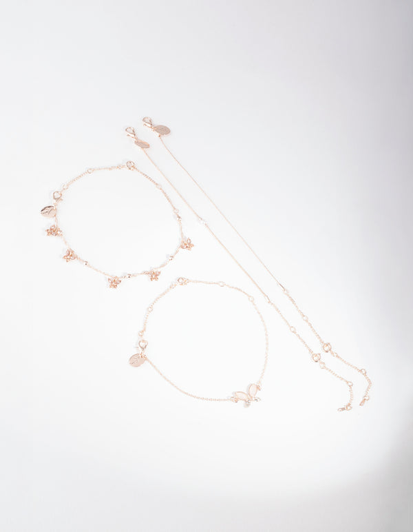 Rose Gold Butterfly Anklet & Bracelet 4 4-Pack Set