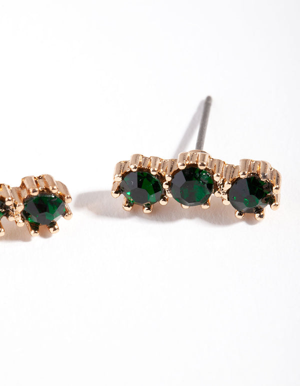 Gold Triple Green Stone Stud Earrings