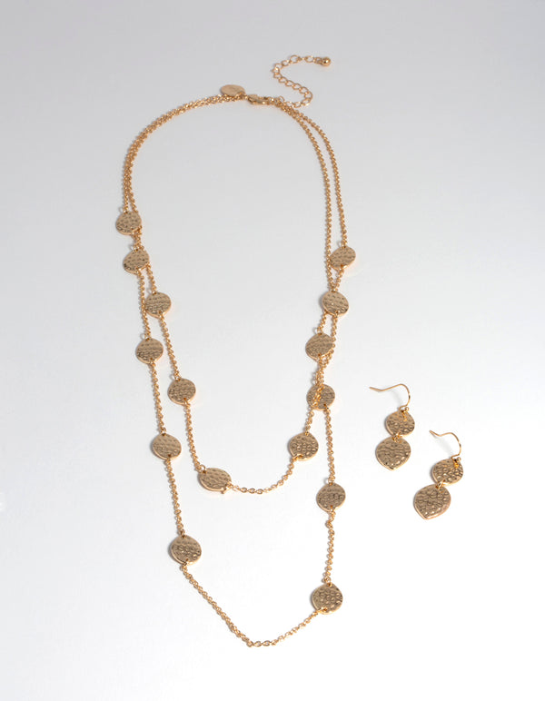 Gold Textured Layer Earring & Necklace Set