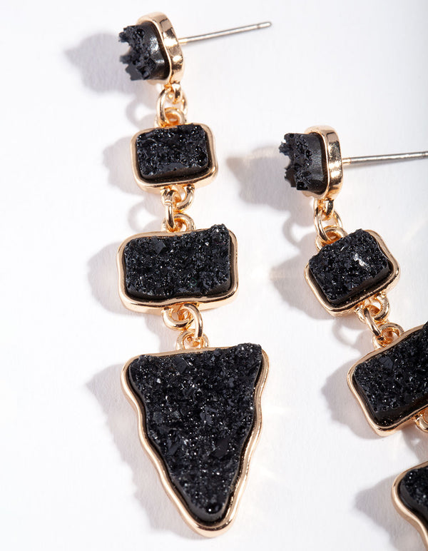 Gold Black Textured Geometric Stone Drop Earrings