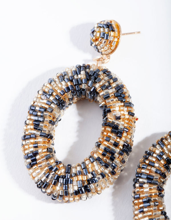 Gold & Navy Oval Bead Earrings