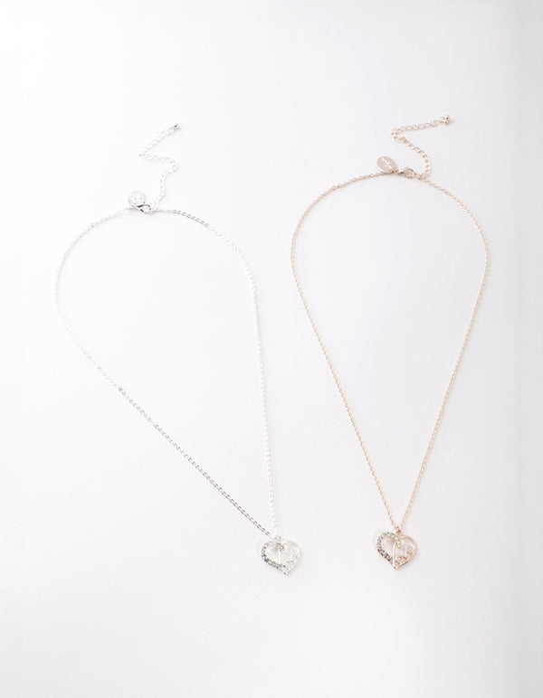 Mixed Metal Diamante Love Heart Necklace Pack