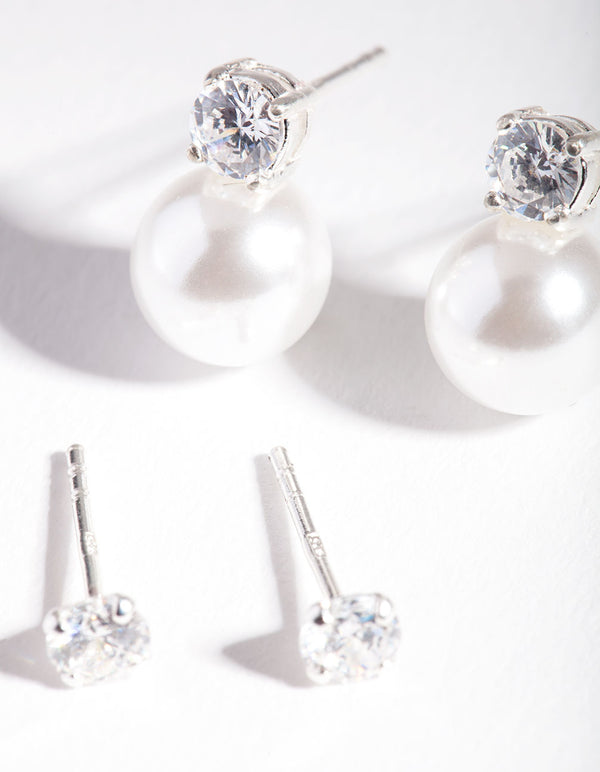 Sterling Silver Cubic Zirconia Pearl Stud Earring Pack