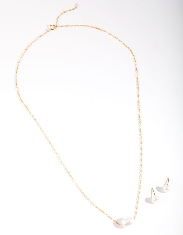 Gold Plated Sterling Silver Freshwater Pearl Necklace & Earrings Set