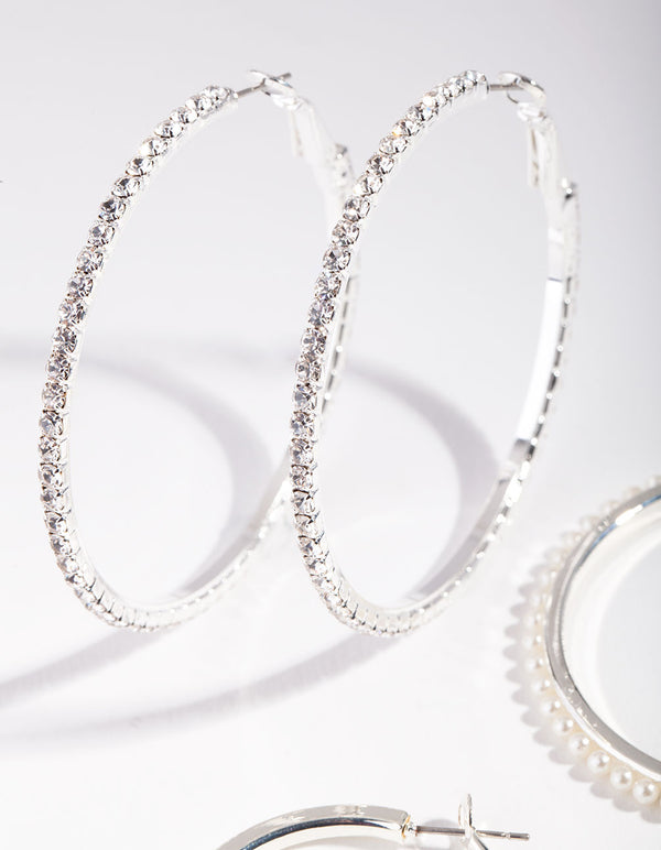 Silver Diamante & Pearl Hoop Earring Pack