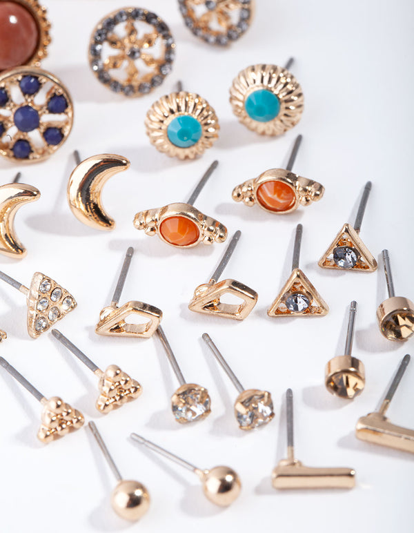 Gold Mix Boho Stone 16-Pack Earring