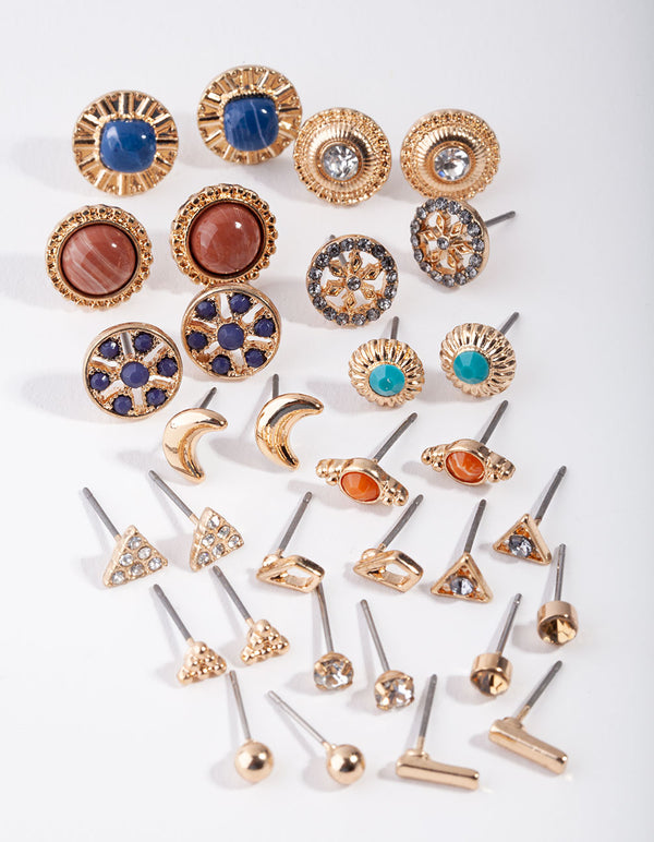 Gold Mix Boho Stone 16-Pack Earring