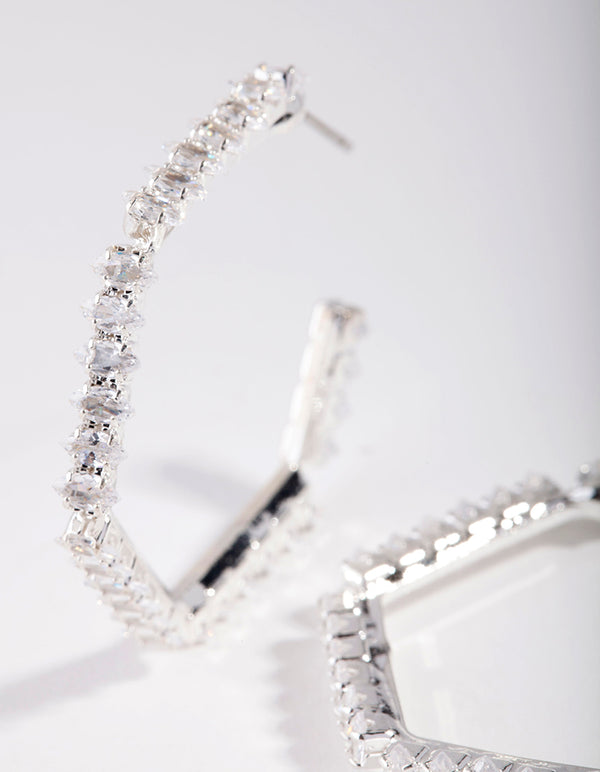 Silver Cubic Zirconia Hexagon Hoop Earrings