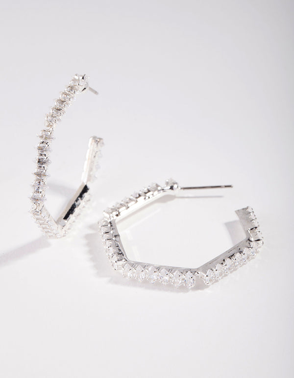 Silver Cubic Zirconia Hexagon Hoop Earrings