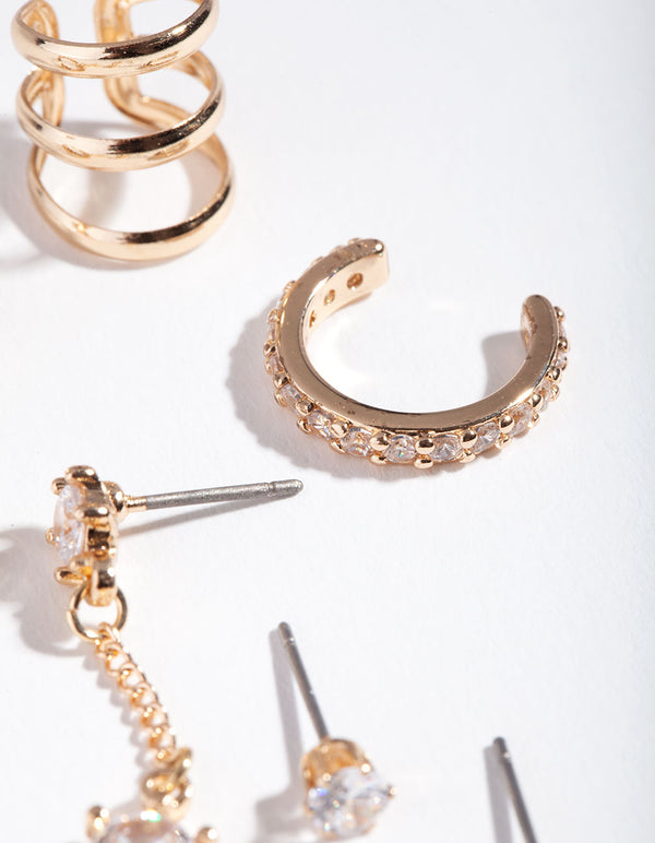 Gold Cubic Zirconia Cross Pearl Diamante Earring 6-Pack