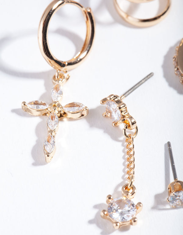 Gold Cubic Zirconia Cross Pearl Diamante Earring 6-Pack