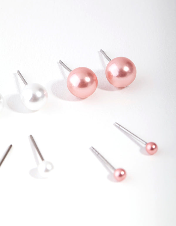 Kids Silver Pink Pearl Stud Earring 6-Pack