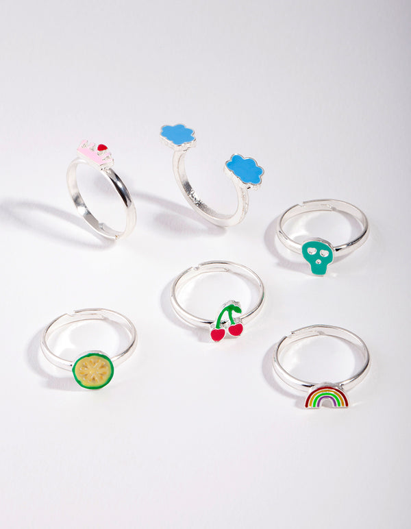 Kids Silver Sky & Skull Rainbow Ring 6-Pack