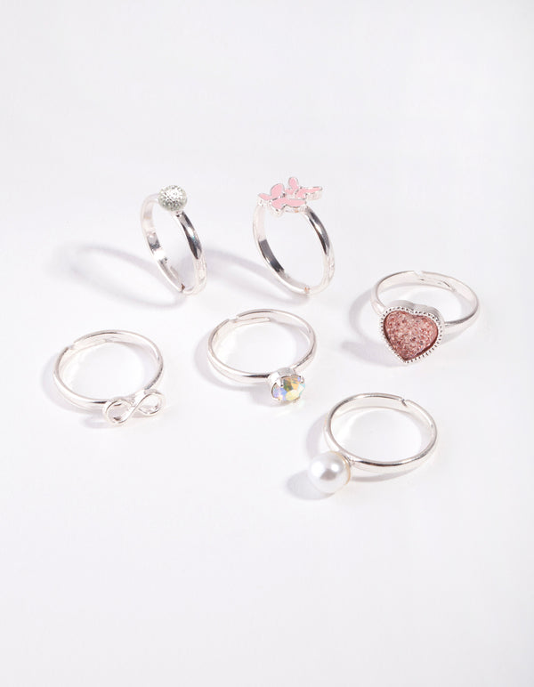 Kids Silver Pearly Heart 6-Pack Rings