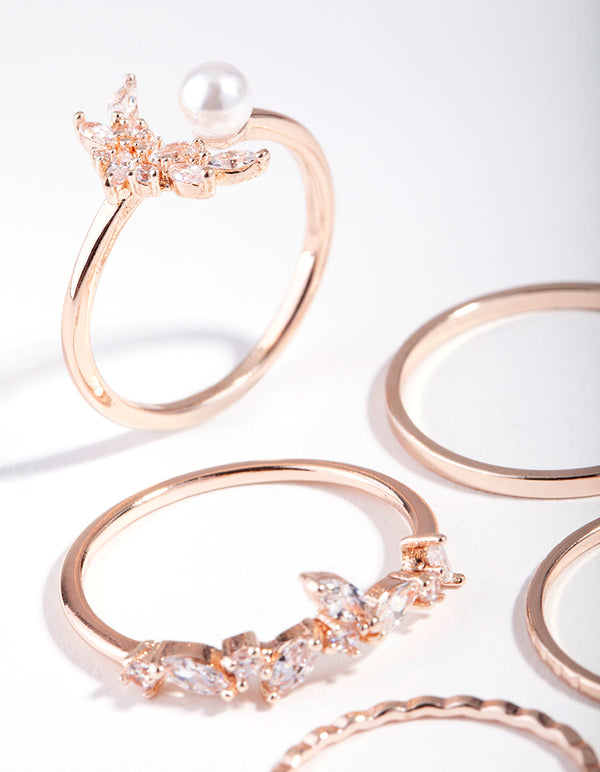 Rose Gold Cubic Zirconia Diamante Pearl Mix Ring 5-Pack