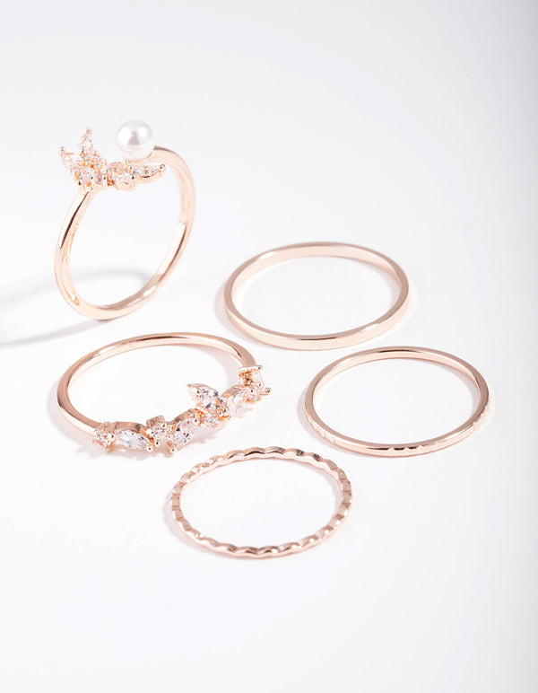 Rose Gold Cubic Zirconia Diamante Pearl Mix Ring 5-Pack