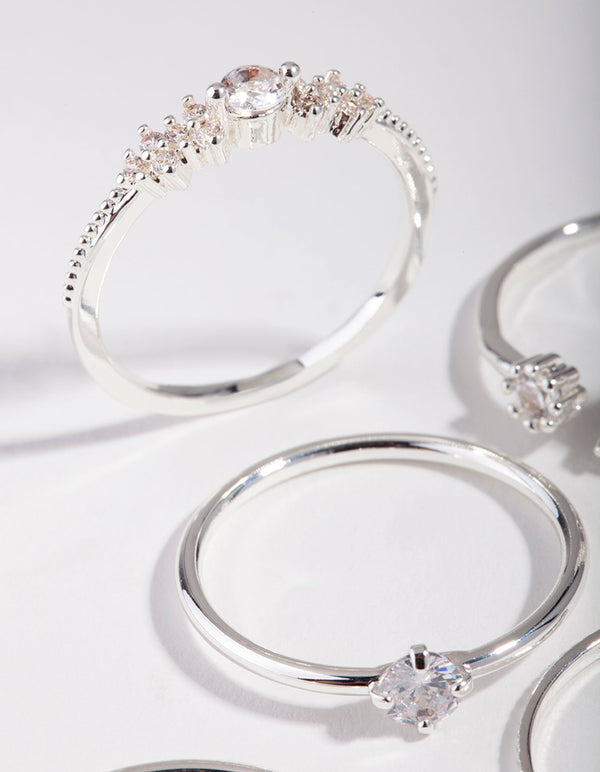 Silver Cubic Zirconia Flower 5-Pack Rings