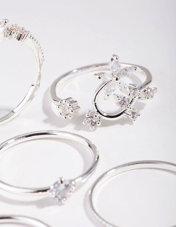 Silver Cubic Zirconia Flower 5-Pack Rings